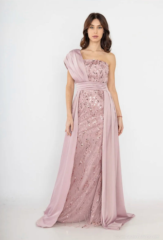 Béatrice (rose) : robe de soirée longue coupe Empire en satin perlé, bretelle unique façon toge, disponible près de Dijon