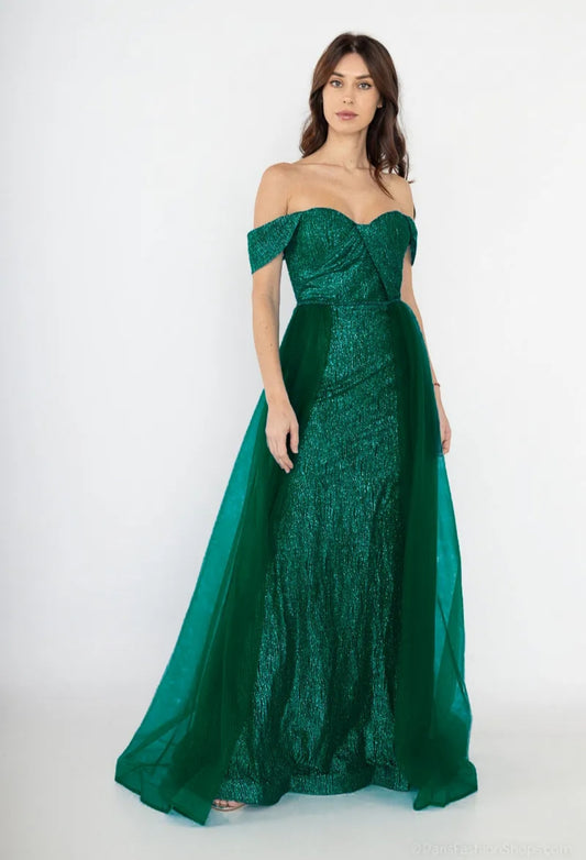 Bettina : robe de soirée longue vert émeraude, entièrement pailletée, traîne en tulle, vue de face, disponible au showroom de Dijon