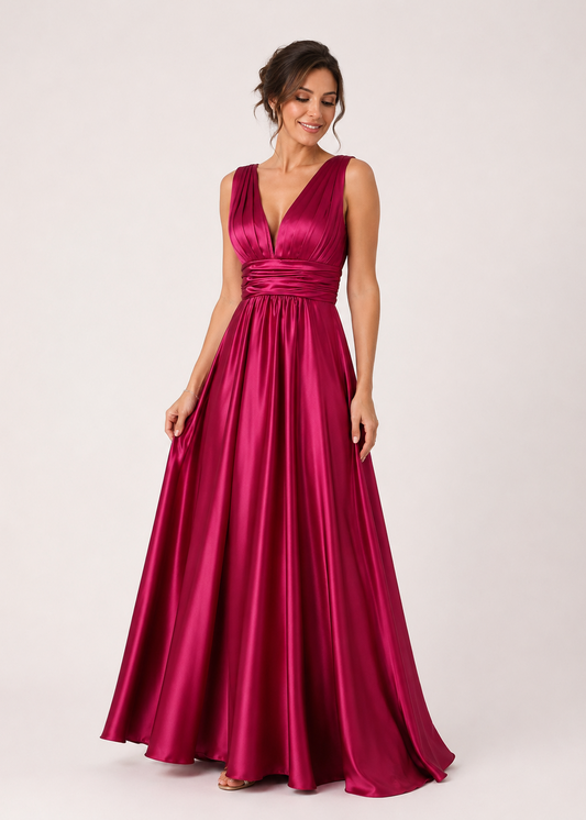 Robe longue de soirée, tout en satin, d'un magnifique rouge profond. Sa coupe et son drapé s'adapte à toutes les morphologies. Robe à acheter ou à louer au showroom Le Secret des élégantes à Dijon, près de Beaune.