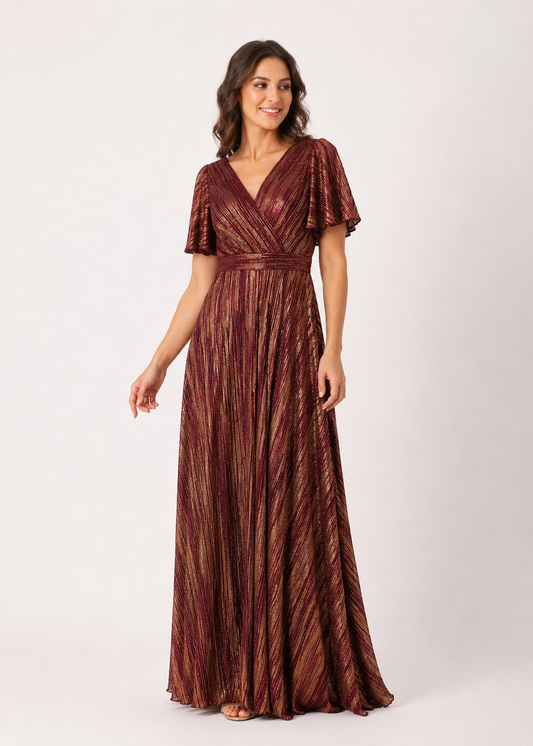 Cette robe de soirée, longue et irisée, est sublime lorsqu'elle est portée. Le fond est rouge bordeaux, avec des fils dorés et des reflets irisés. A essayer et à adopter au showroom Le Secret des élégantes à Dijon, près de Beaune. Cette robe est disponible à la vente et à la location.
