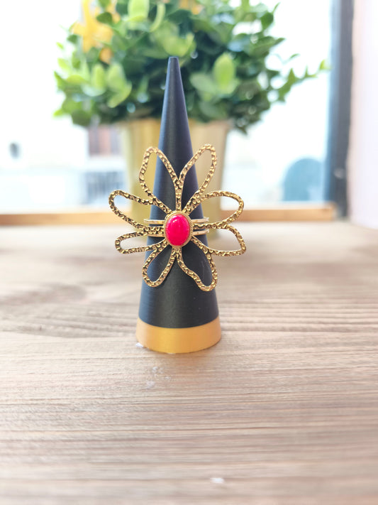 Bague grosse fleur pierre rouge